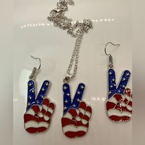 American Flag Peace Sign Necklace Earrings Set Patriotic Jewelry